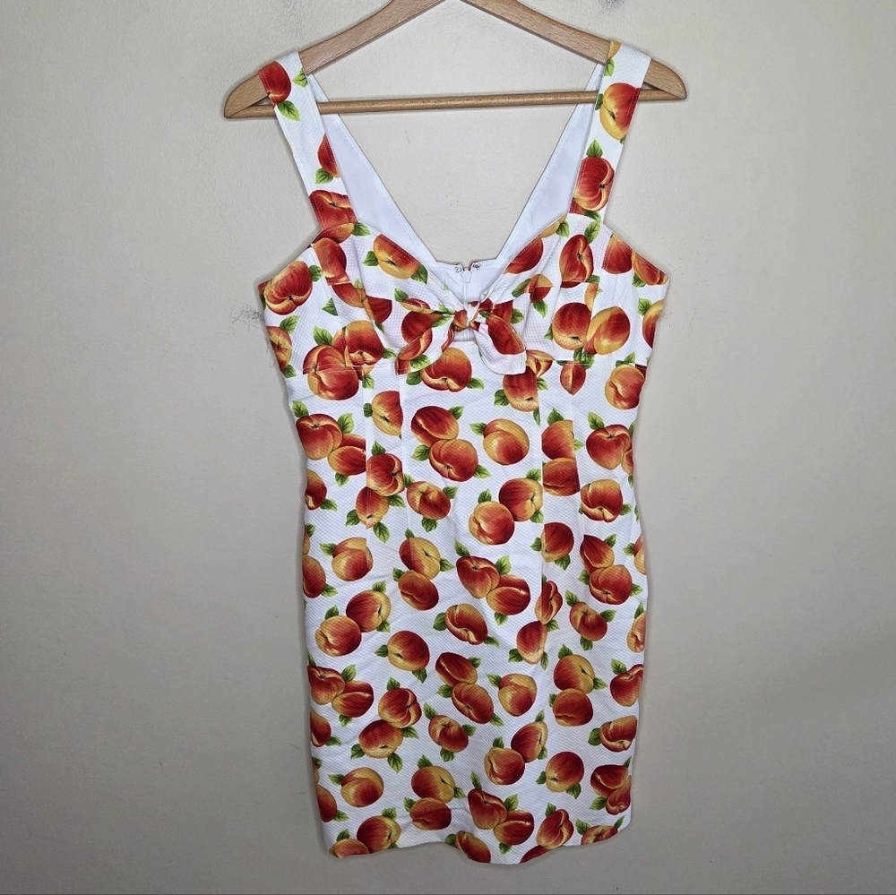 Vintage Dana Buchman Peach Fruit Print Cotton Tie Keyhole Front Dress Size 6